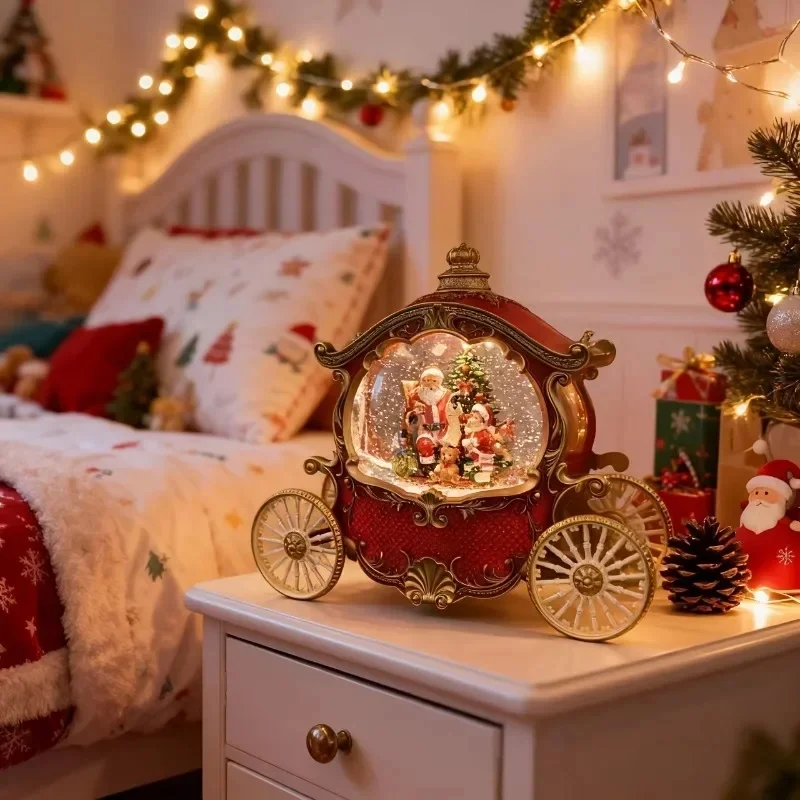 Vintage Santa Claus Carriage Music Box Christmas Decoration with Music Bell Crystal Ball Light Table Ornaments Xmas Kids Gift