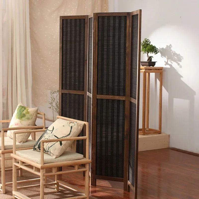 Chinese Style Antique Black Color Bamboo Screens Outdoor Solid Pine Wood Folding Partition Porch For Tea Room,Home,Office Decor