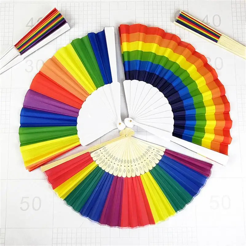 Decorative Fans Oriental Fan Rainbow Hand Held Folding Fan Dance Plastic Ribs For Gay Pride Parties Decoration Fan Art Craft