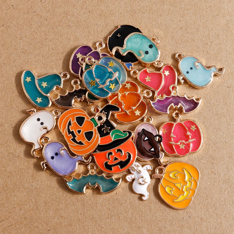 10pcs /Lot Enamel Halloween Charms for Jewelry Making Bat Pumpkin Ghost Charms Pendant DIY Necklace Earrings Gift Accessories