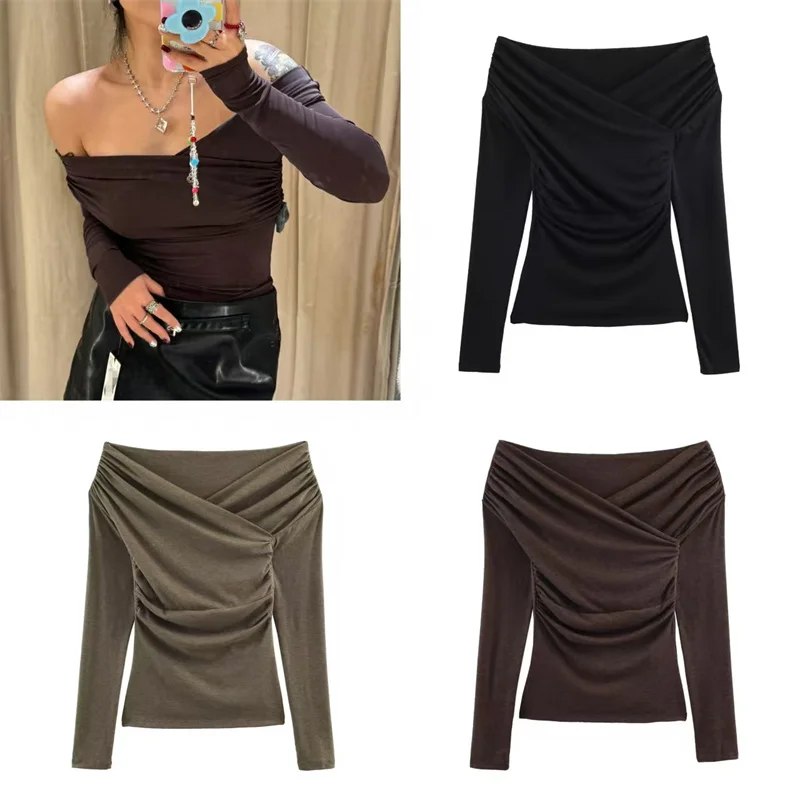 

Women's Top 2025 Winter New Style Solid Color Long Sleeve Off-Shoulder Pleated Pullover Top Trendy and Casual Versatile