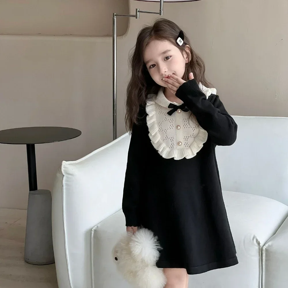 

Детская одежда, осень-зима 2024, модные вязаные платья с длинными рукавами и цветными блоками для девочек, платье принцессы с украшением в виде банта