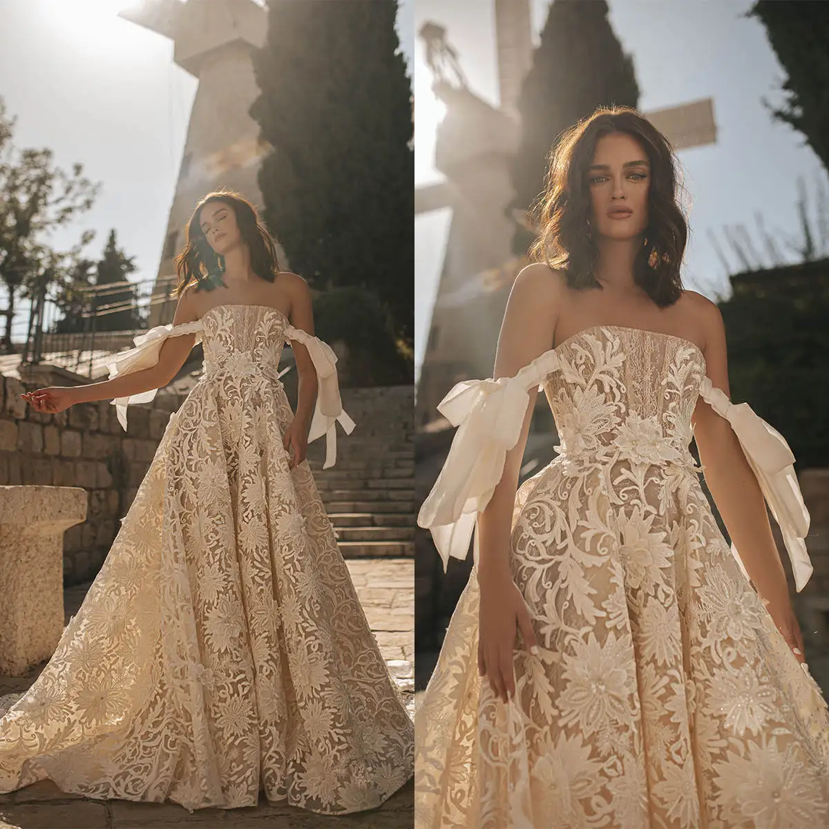 

Vintage A Line Wedding Dress Appliques Beading Strapless Off Shoulder Bride Gowns Sleeveless Bridal Dresses Vestido De Novia