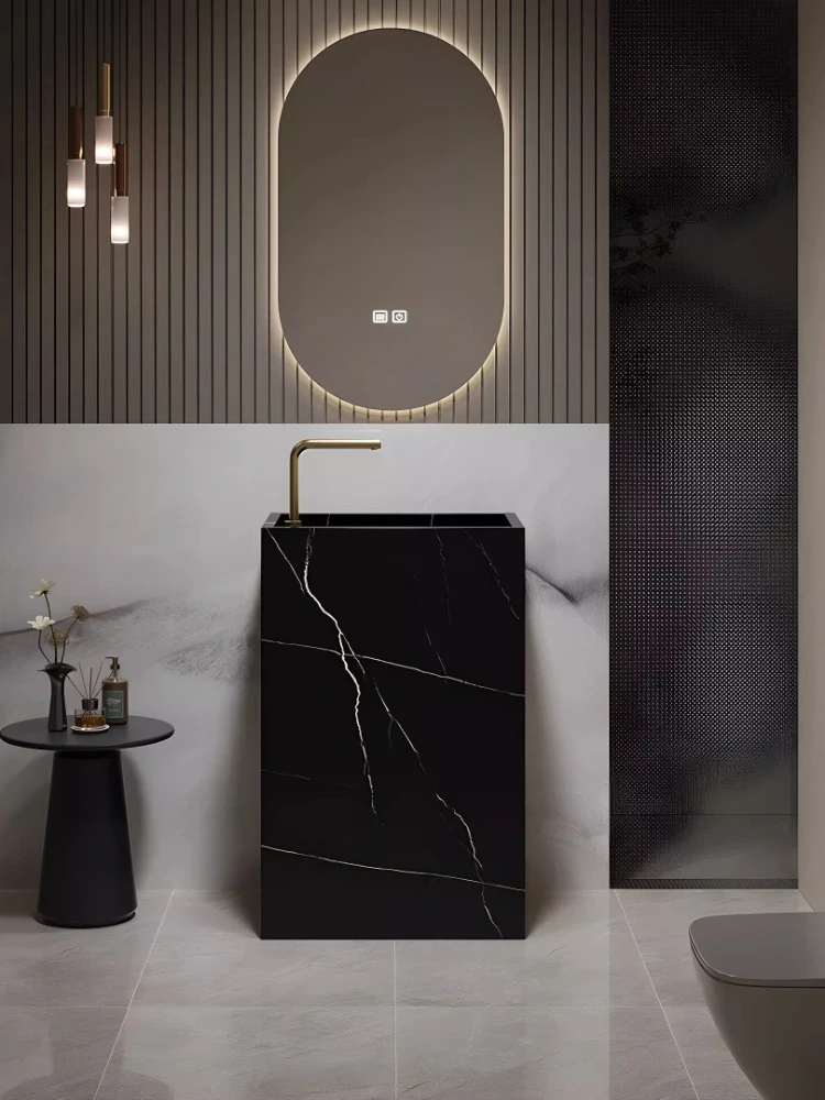 

Черно-белая столешница из каменной плиты с интегрированной колонной-раковиной, итальянский стиль, легкая роскошь, напольный шкаф для ванной комнаты из каменной плиты.