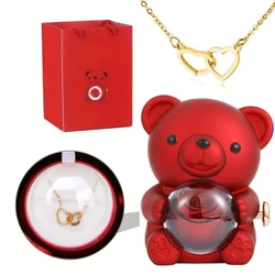 Eternal Rose Bear Gifts Box with Necklace Rotate Rose Jewelry Box Valentine Wedding Storage Christmas Gift for Women Girlfriend