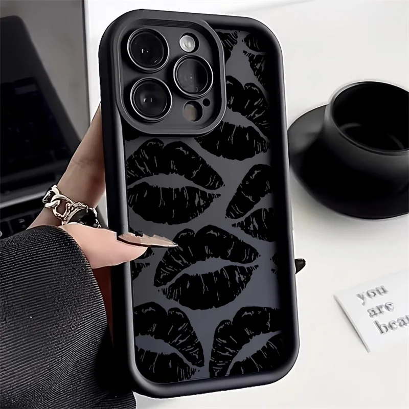 Black Lips Kiss Print Soft Matte Phone Case For iPhone 13 Case iPhone 16 15 14 11 12 Pro Max XR 7 8 Plus SE Silicone Cover Funda