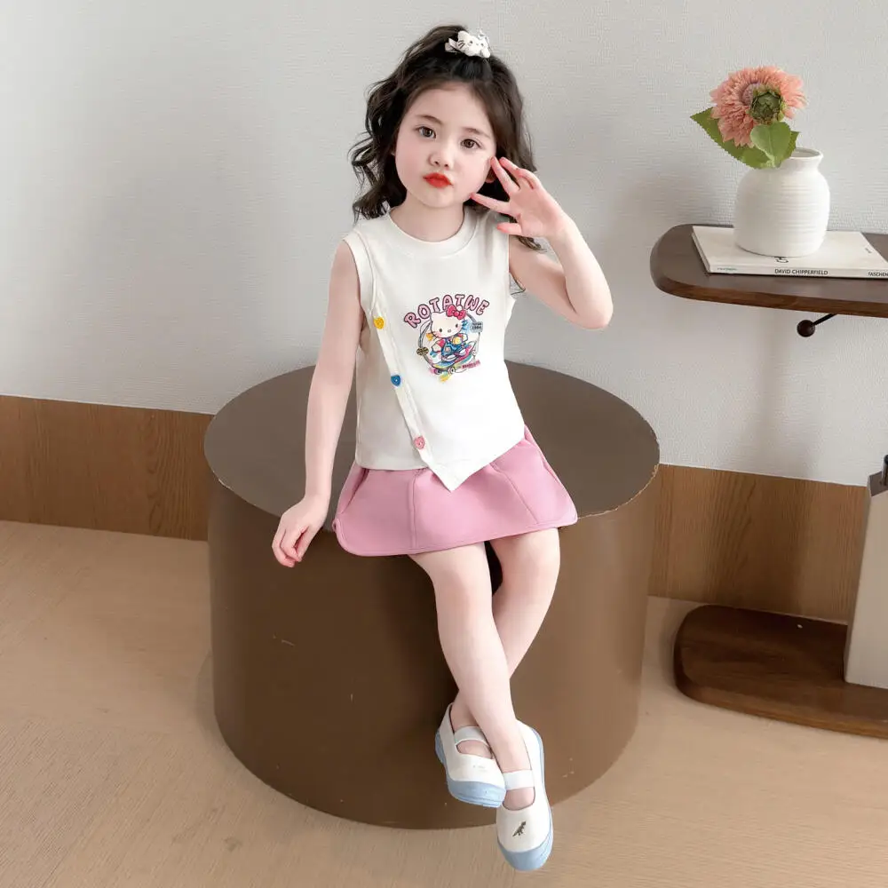 

Летний костюм Sanrio Hello Kitty для девочек, новинка 2026 года, модный жилет и короткая юбка для маленьких девочек, комплект из 2 предметов, детская милая летняя одежда