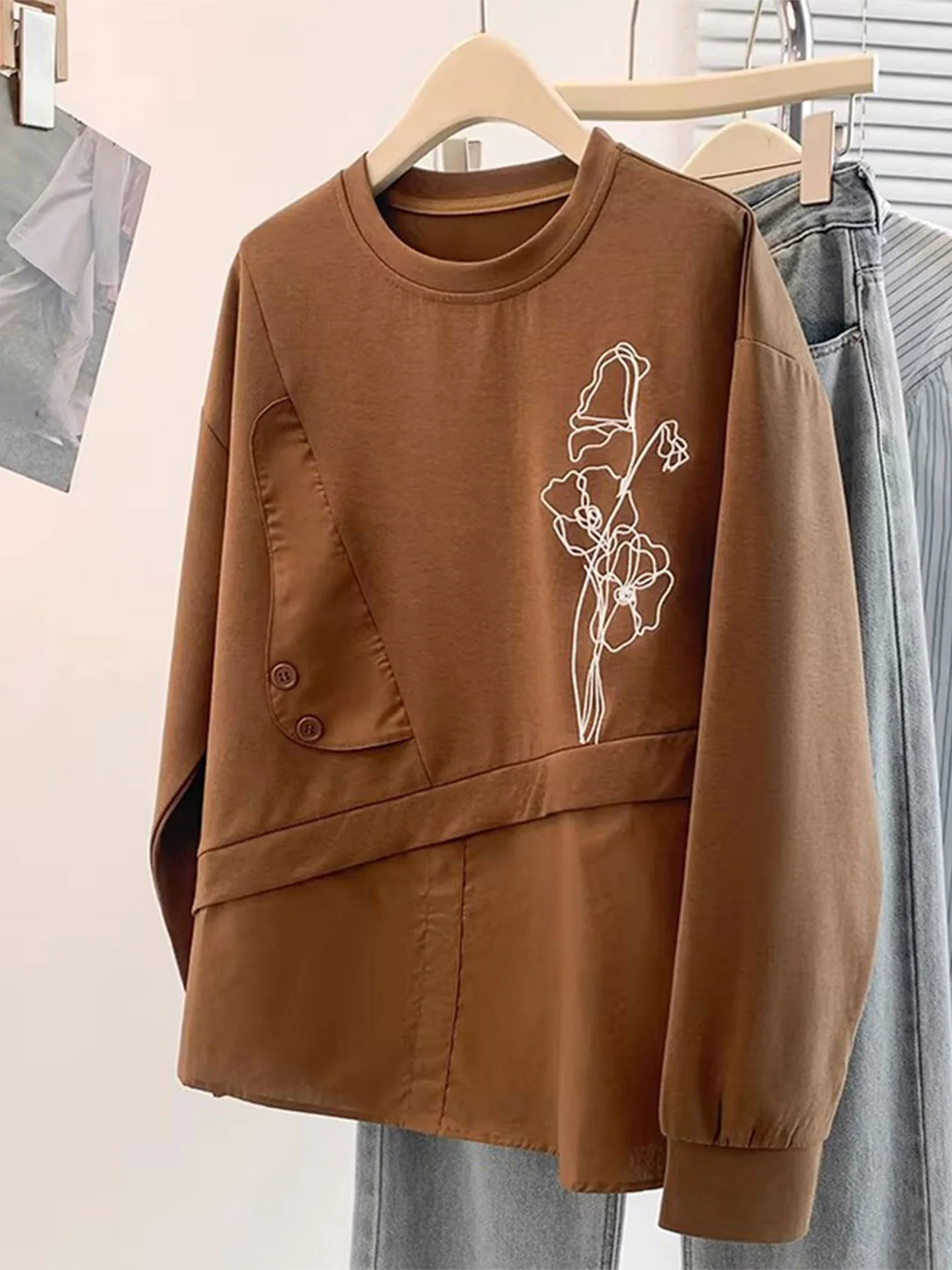 

Chic Long Sve Hoodie Women's Spring 2026 Casual Loose Fit round Ne Design Sensation Asymmetrical Sli Top for Younger...