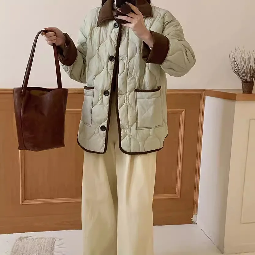 Autumn Down Cotton Padded Jacket Women's 2026 Contrast Lapel Rhombic Thin Short Loose Spring Cotton Padded Casual Coats Female