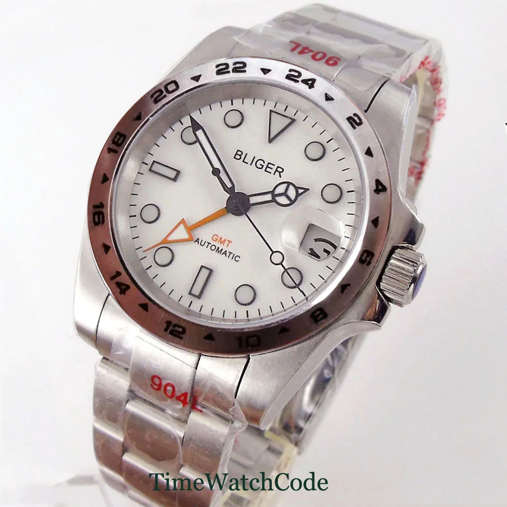 

GMT Movement 39mm Sapphire Crystal Automatic Mens Watch White Dial Auto Date Cyclops Luminous Fix Bezel 316L 316L Bracelet