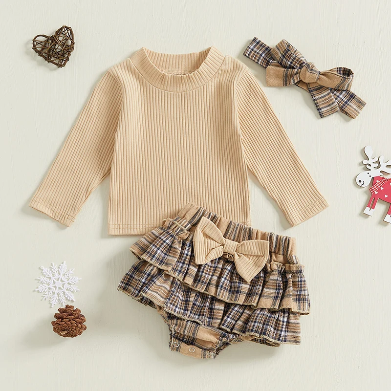 Baby Girl Shorts Set  Long Sleeved Round Neck T-Shirt With Pit Stripe Top  Checkered Shorts Headband Autumn Clothing Set