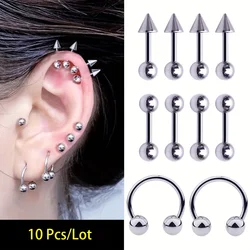 10pcs/Set Stainless Steel Barbell Helix Stud Earring C Shape Ear Stack Flat Conch Ear Piercing Jewelry for Women Men