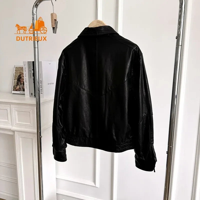 Autumn and Winter Women's Real Leather Motorcycle Jacket Small Size Loose Fashion Retro Black Leather Short Coat Jacket Commuter