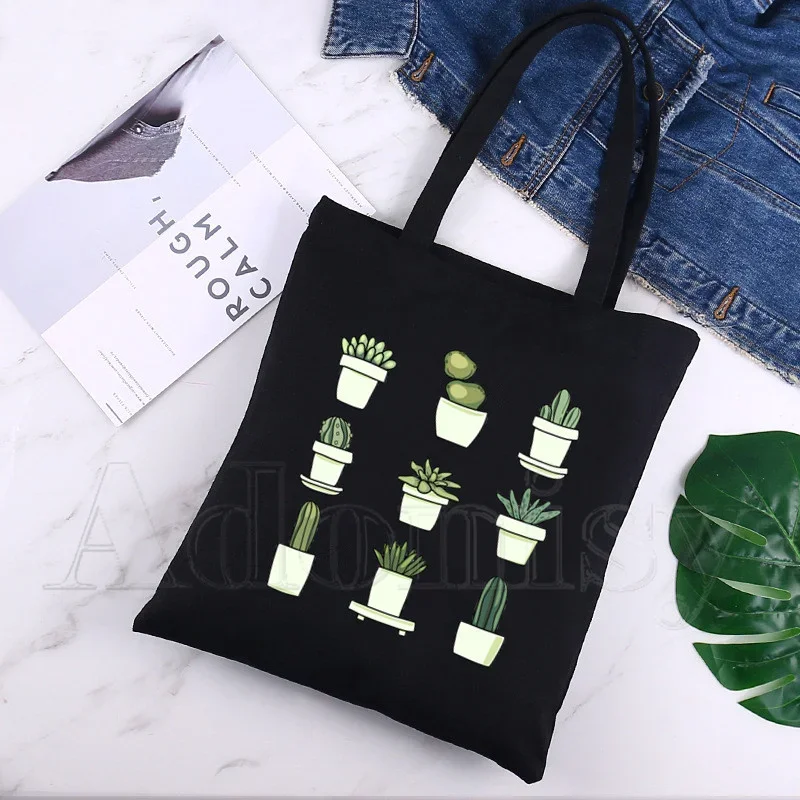 Cactus Ladies Harajuku Fashion Shopping Black Bags Canvas Tote Bag Mom Reusable Cloth Bag Handbag Shoulder Bags