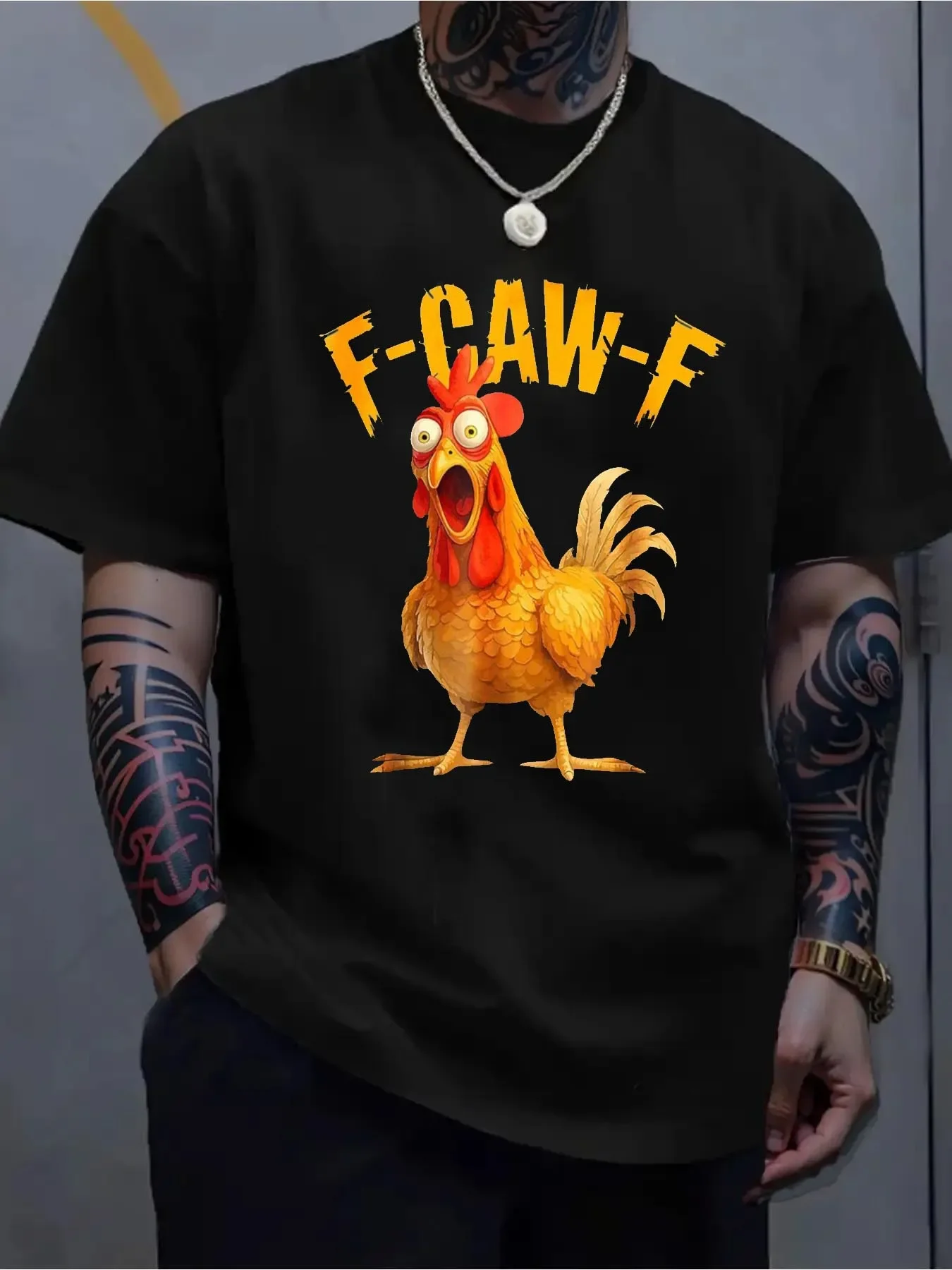 

The casual cotton T-shirt features a chicken pattern and F-CAW-F print, with a funny and entertaining design that is breathable