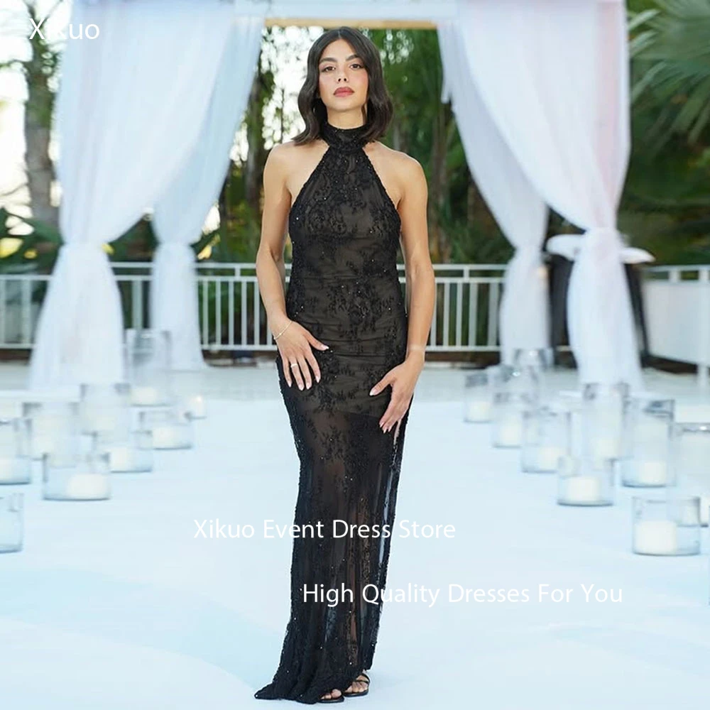 Xikuo Graceful Black Lace Evening Dresses Mermaid Backless Crystal Long Prom Gowns High Neck Cocktail Robe De Soirée Customized