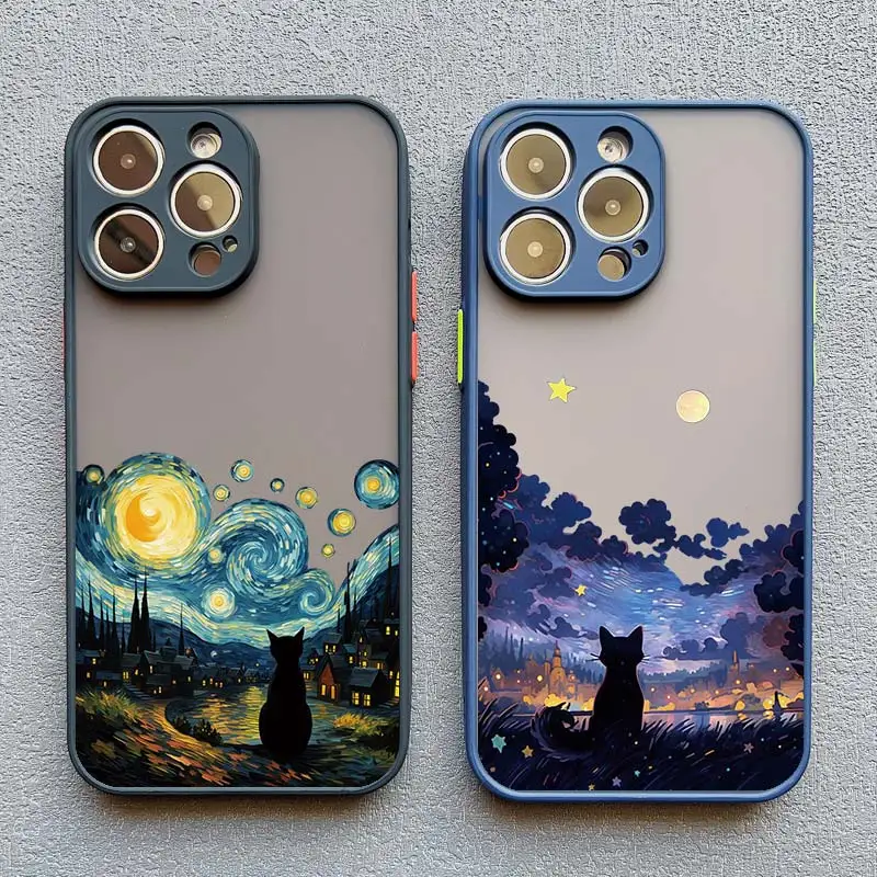 Artistic Black Cat Starry Night Phone Case For iPhone 15 14 13 12 11 Pro Max 12 16 Mini XS X XR 8 7 14 15 Plus Shockproof Shells