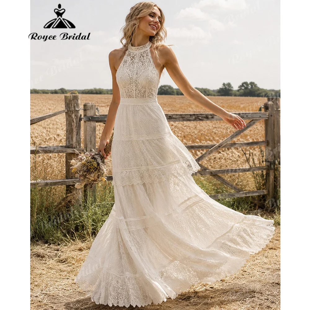 Halter Neck Sleeveless Tiered Lace A Line Wedding Dress Back Zip Vintage Boho Floor Length Rustic Vestido De Novia Customized
