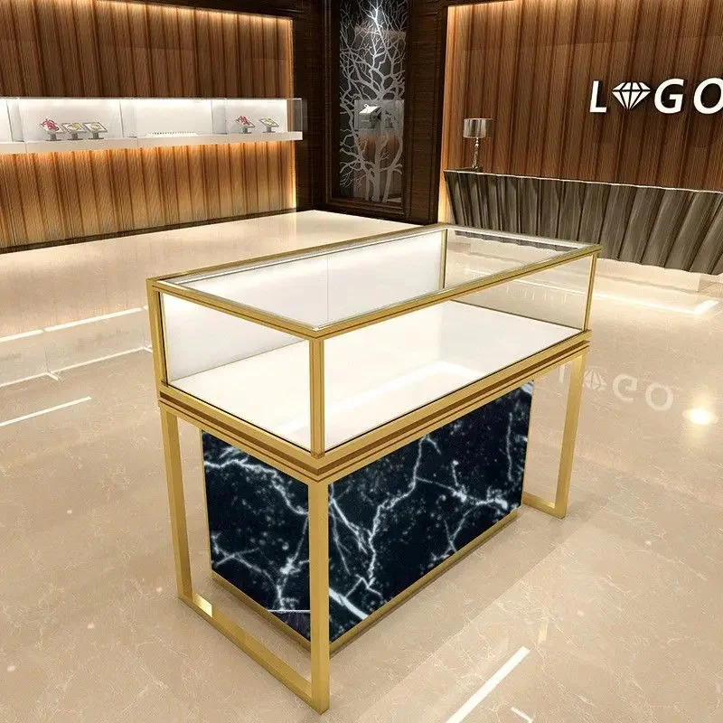 custom.Modern Luxury Jewelry Display Counter with Gold Metal Frame & Glass Showcase, White Painted Top Necklace Ring Exhibit