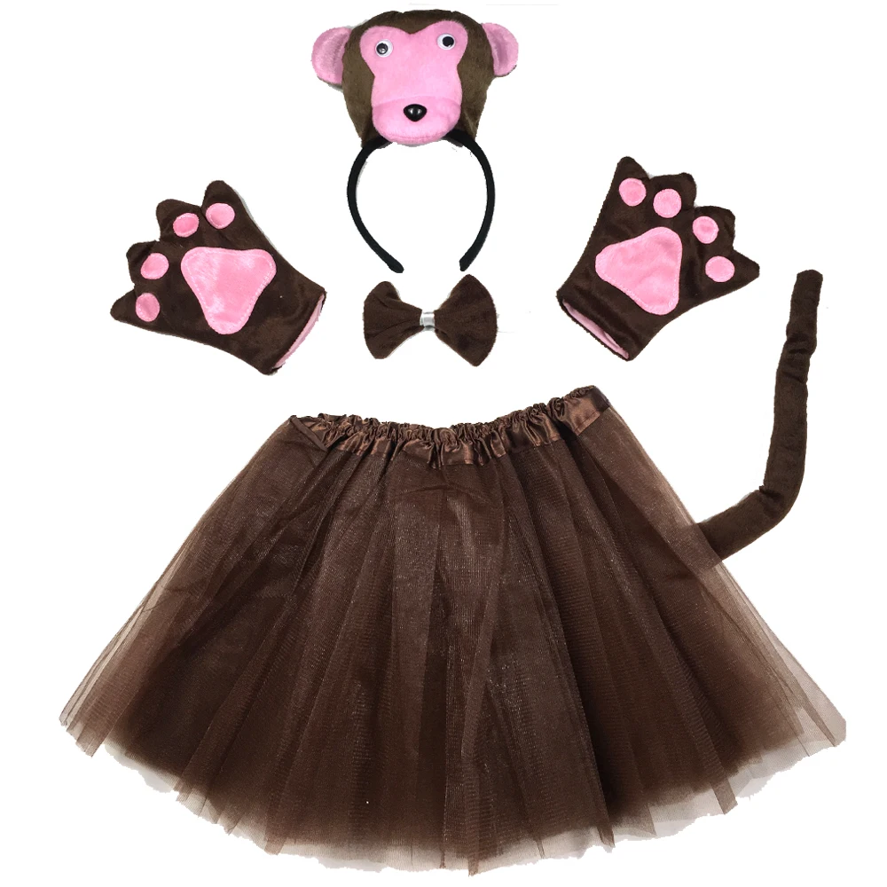 Children's Day Animal Cosplay Costume for Boy Girl Monkey Costume Headband Clothes Shoes Tail Tutu Skirt Gloves Set for Kid