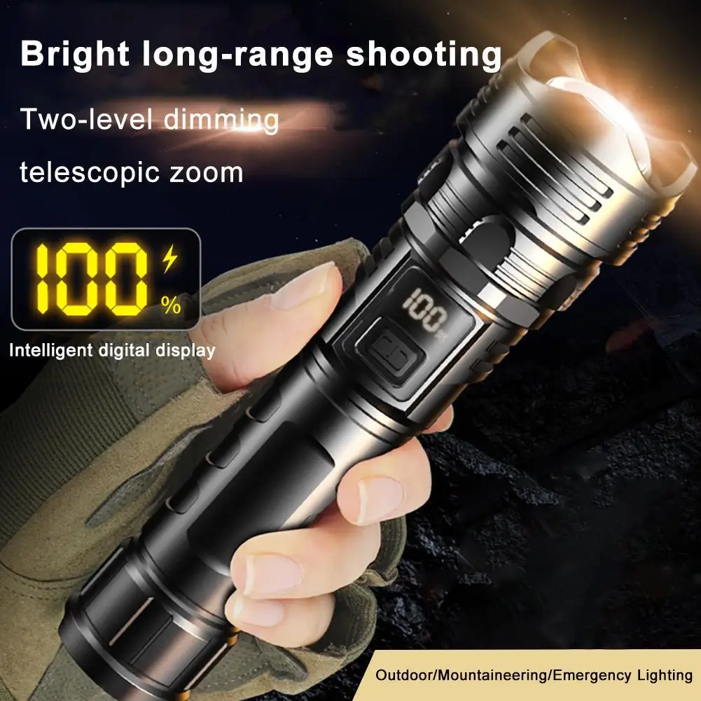 Powerful LED Flashlight Battery Display USB Rechargeable Light Telescopic Zoom Torch Lamp Outdoor Camping Fishing Lantern