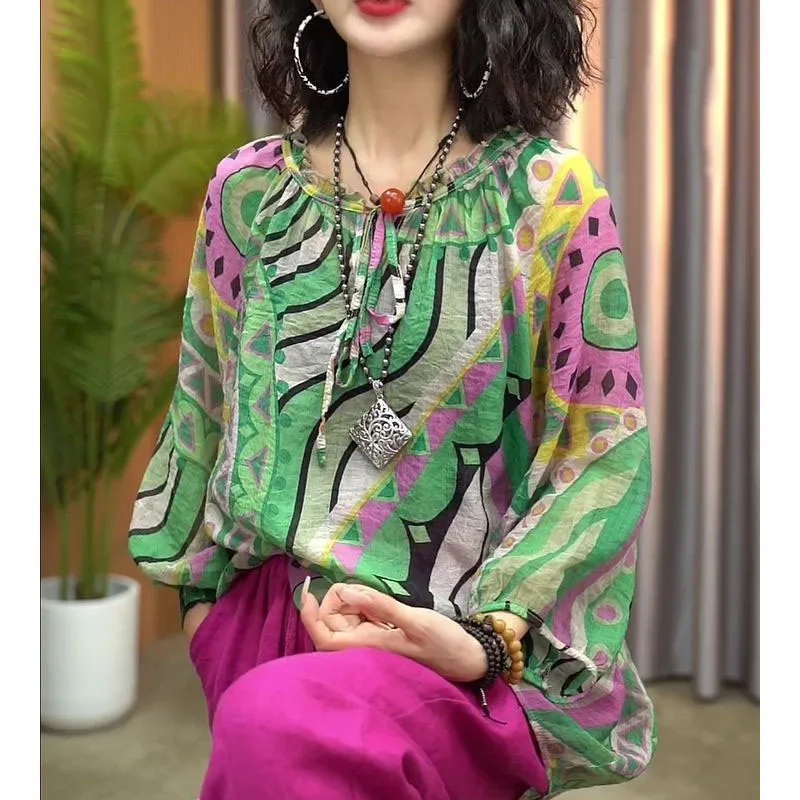 2024 Summer New Pullovers Elegant Vintage Loose Folk Tribal Crew Neck Printed Three Quarter Commuter Tie Up with Chiffon Tops