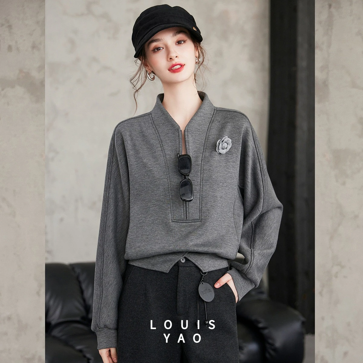 LOUIS YAO  Women's Pullover  2026 Autumn/Winter Thickened Sweatshirt Casual Half-Zip Slightly Stretch Sweatshirt