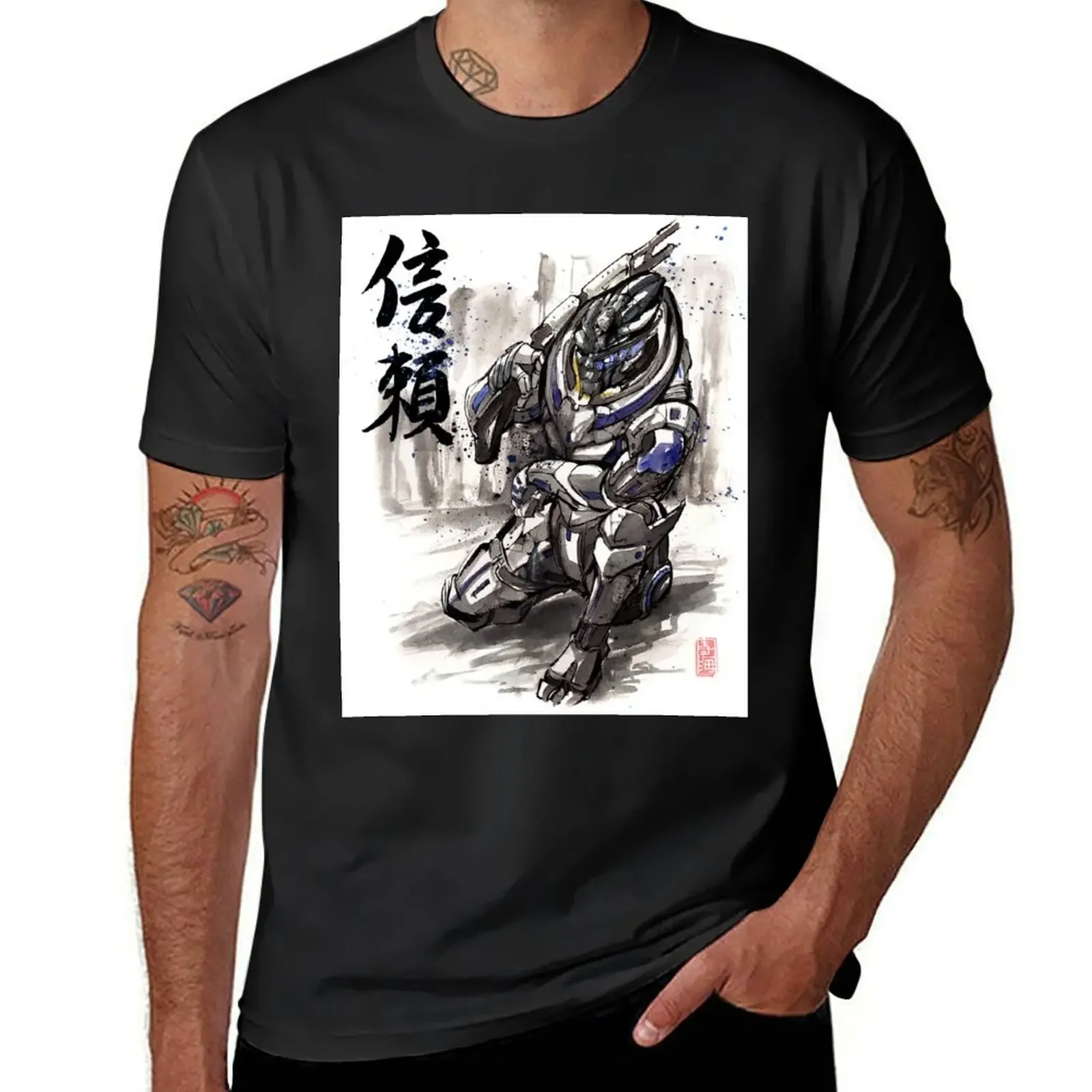 Mass Effect Garrus Sumie style with Japanese Calligraphy T-Shirt new edition plain funny t shirts for men