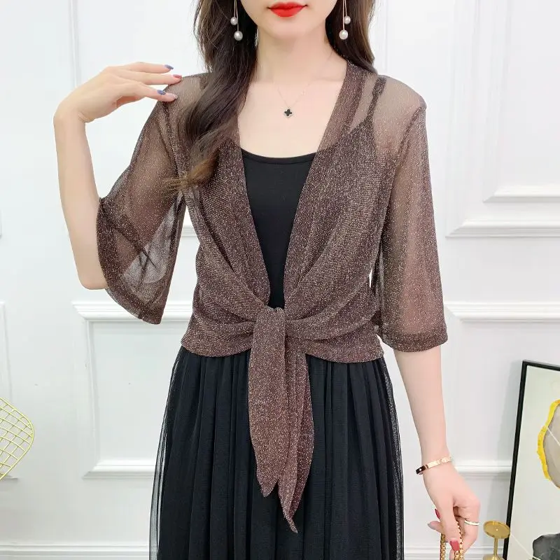 Women's Monochromatic Mesh Shawl Summer Fashion Simplicity All-match Casual Temperament Ice Shreds Sunscreen Top Clothes Trend