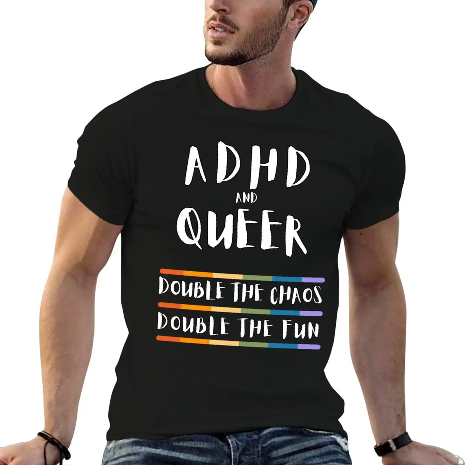 Pride, ADHD and Queer, Double the Chaos, Double the Fun, Funny, Neurodivergence Print T-Shirt