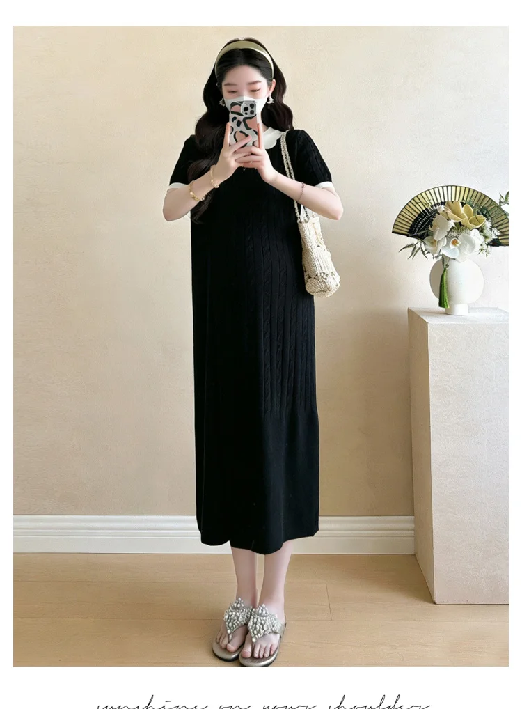 woman-striped-dress-fishtail-dresses-2026-summer-maternity-knitting-dress-block-color-peter-pan-collar-short-sleeve-pregnant