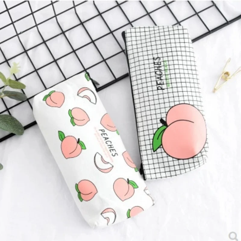 1Pcs Fruit Peach Canvas Pen Bag Stationery and Learning Supplies Storage Bag Multi functional Pen Bag School Gift