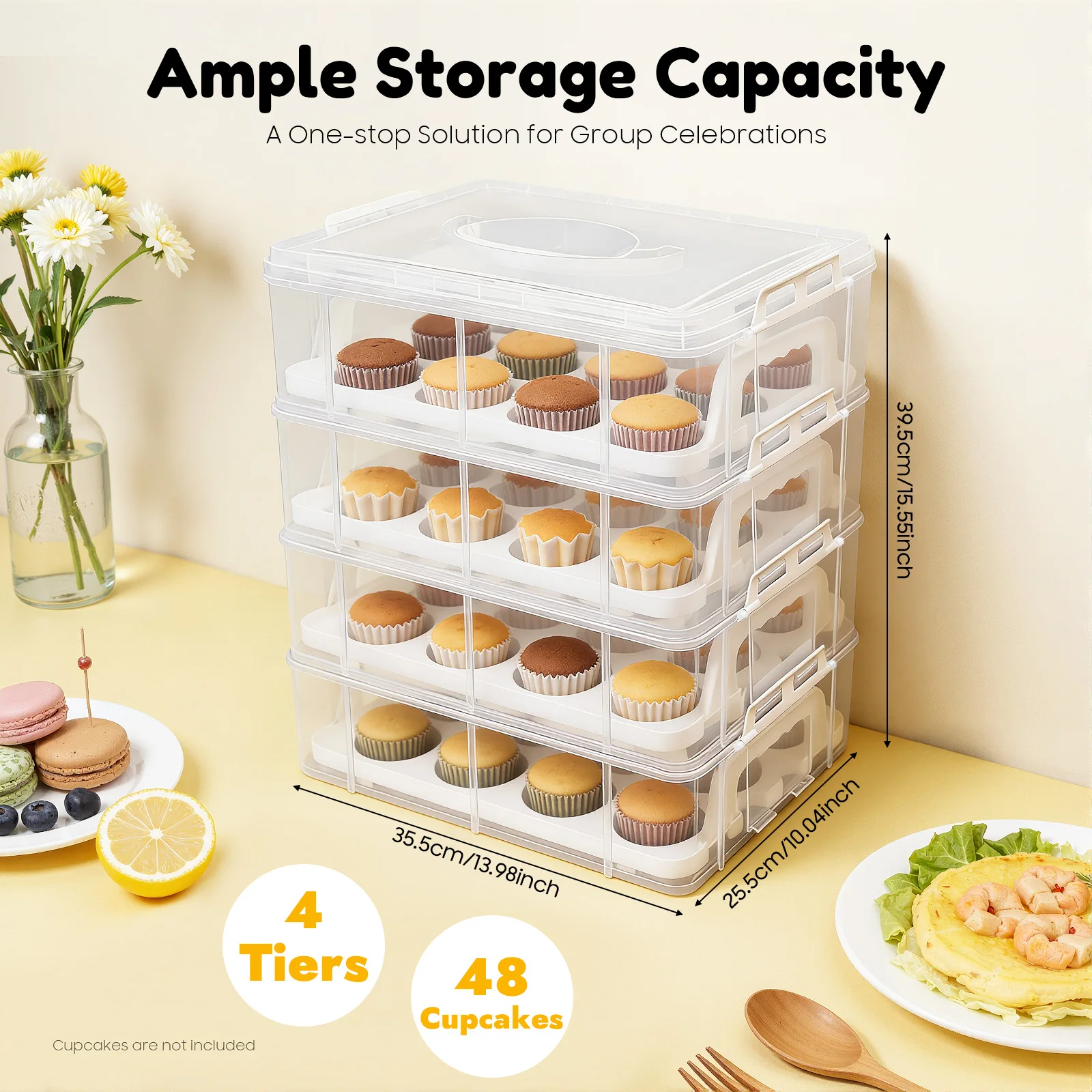 4 Tier 48-Count Cupcake Carrier, Clear PP Plastic Snap Lock Cupcake Takeout Box, Dessert Transport Storage Container With Portable Handle For Birthday Party Picnic Wedding Bakery