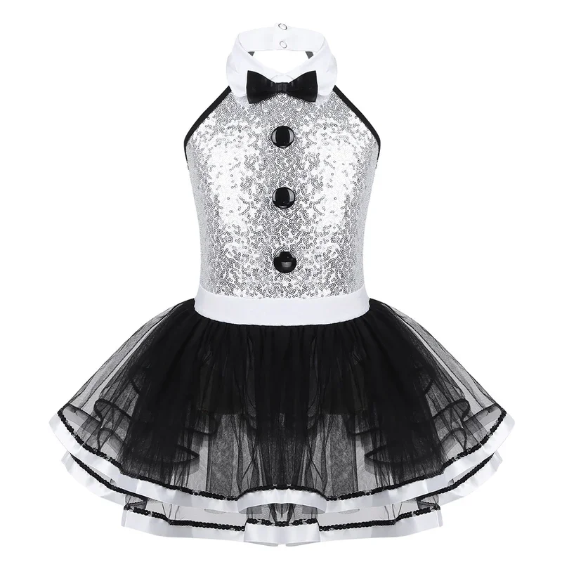 Kids Girls Ballet Dancewear Modern Lyrical Ballerina Tutu Costume Shiny Sequins Decorative Button Gymnastics Leotard Dance Dress