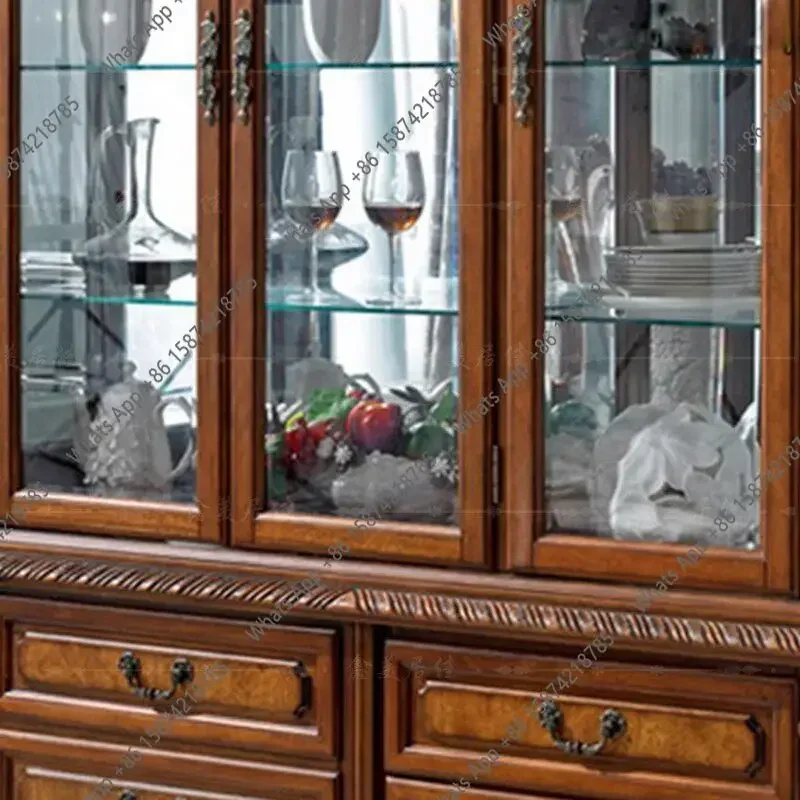 I HEk American Rural Solid Wood Wine Cabinet Display Cabinet European Carved Glass Door Storage Wine Jewelry Cabinet S