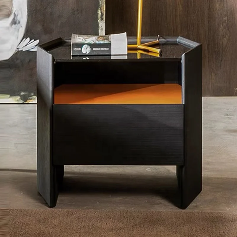 Simple Modern Smoked Wood Veneer Toughened Glass Side Bedside Table Minimalist Design Bedroom Solid Wood Bedside Table