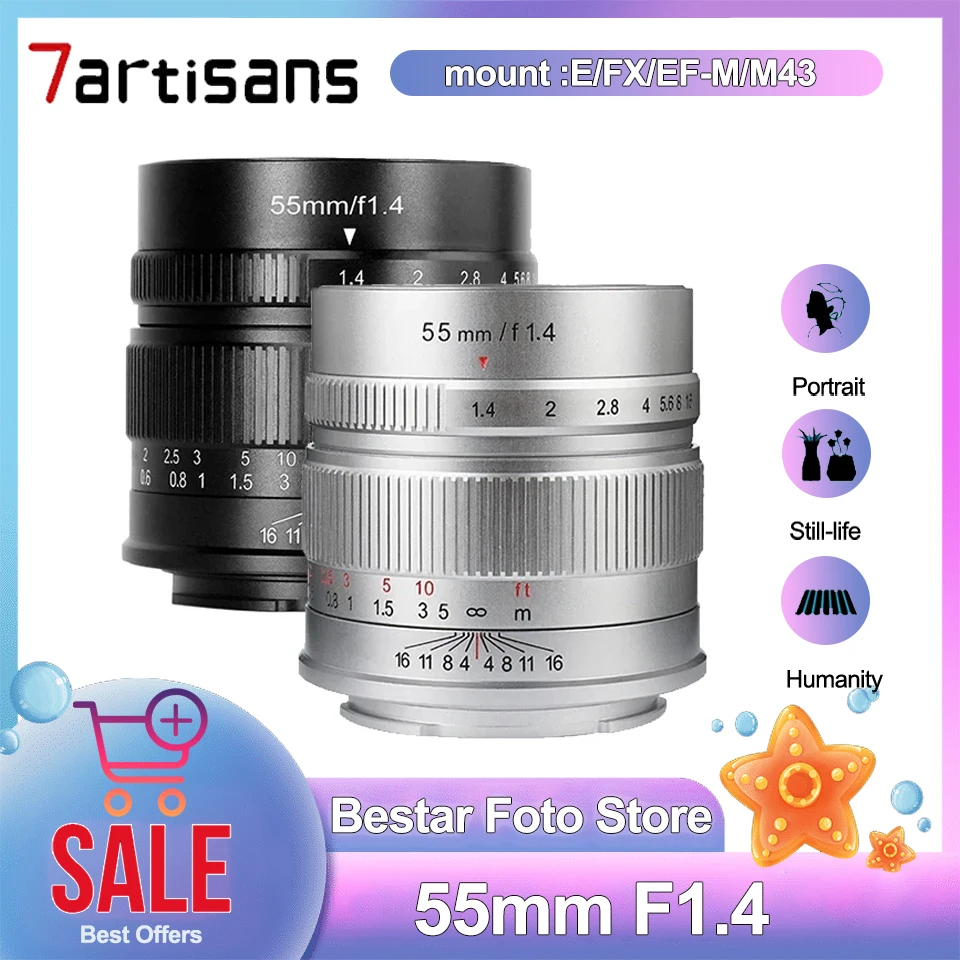 

7artisans 55mm F1.4 APS-C MF Standard Prime Camera Lens for Sony E/Fuji FX/Canon EOS-M/M43