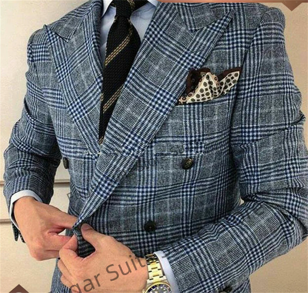 Klassieke Geruite Brede Puntjes Revers Glen Partij Mannen Pakken Slim Fit Double-Breasted Bruidegom Bruiloft Smoking 2 Stuks Sets Trajes De Hombre