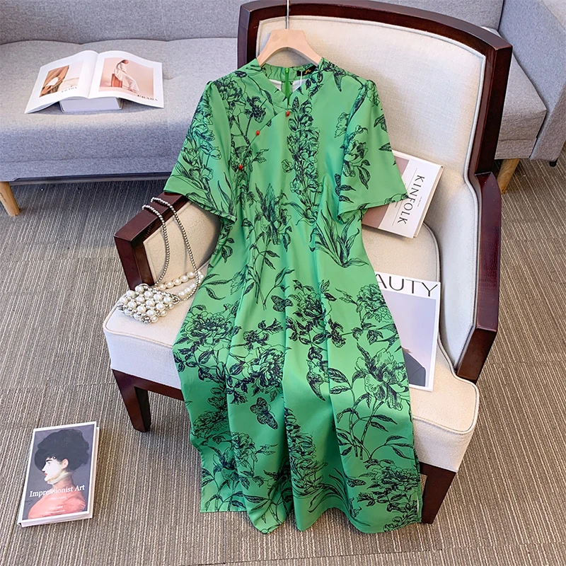 Plus size women\'s summer casual dress Chinese-style cheongsam slit hem green printed polyester fabric to ankle long dress