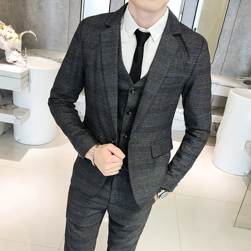 2023 Fashion New Men\'s Casual Slim Plaid Suit Coat Three Piece Set / Men\'s Business Boutique Wedding Blazers Jacket Pants Vest