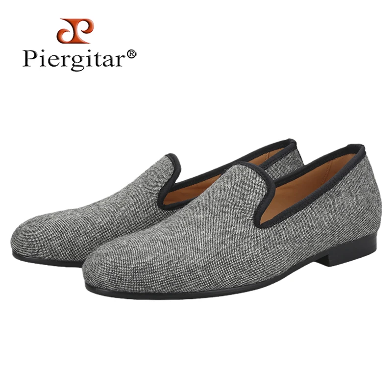 Piergitar Summer Style Gray Polka Dots Cotton Slip-On Loafers British Classic Men's Smoking Slippers Breathable Leather Insole