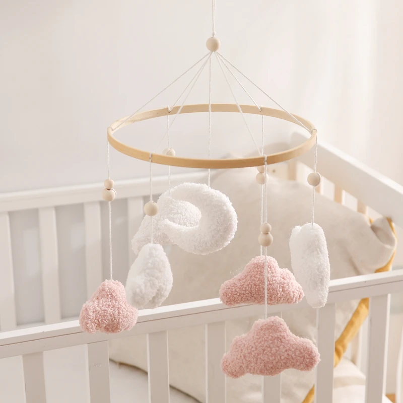 Móvel para decoração do berço, bebê rosa nublado, desenhos animados, chocalho de madeira, campainha de cama, brinquedos para berço, 0-12 meses