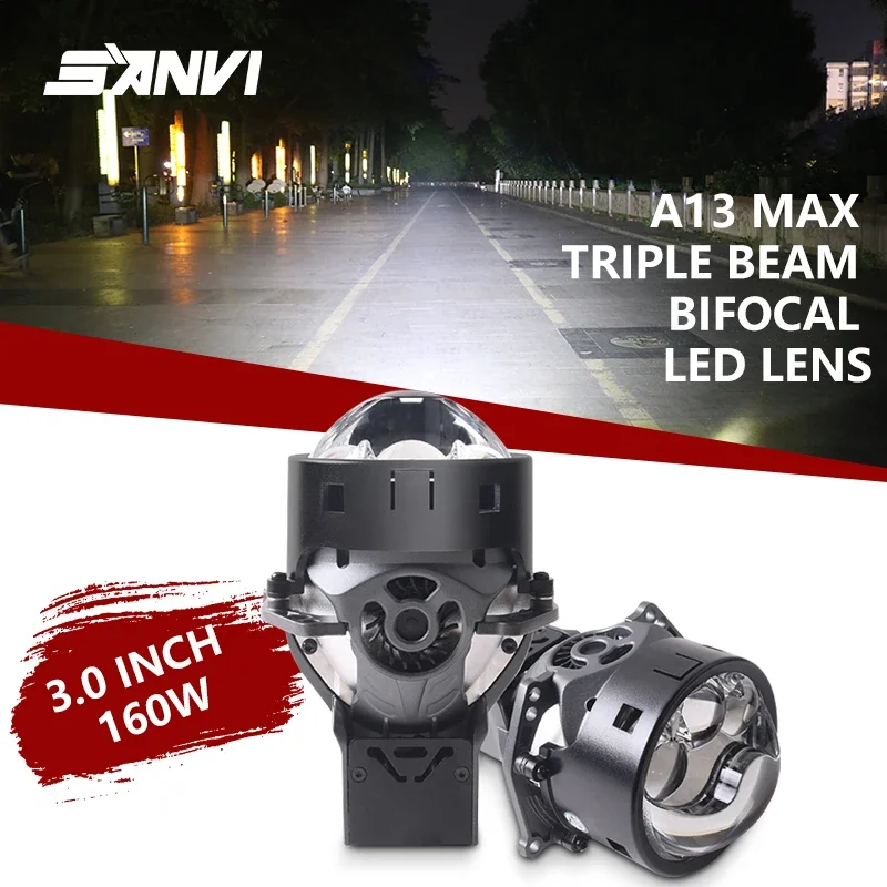 NEW Sanvi A13 MAX 3 Inch Bi LED Projector Lens 9-12V 160W 27300LUX Triple Beam Bifocal Headlight LHD For H4 H7 9005 9006