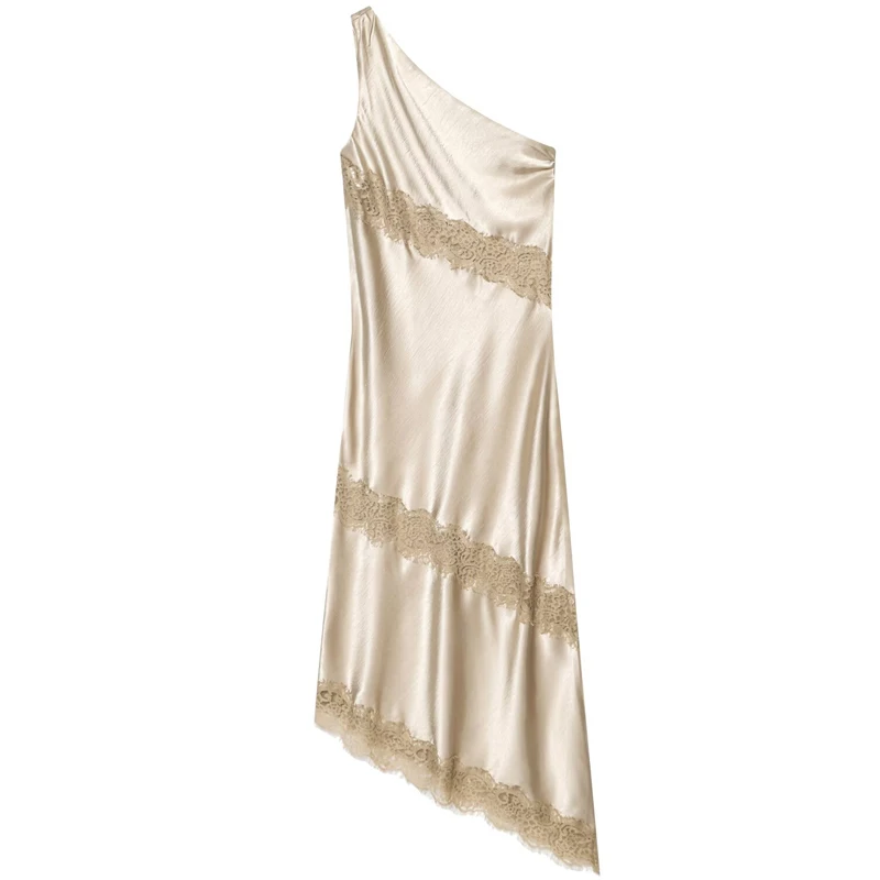 HXAO Asymmetric Satin Dress Women's Dress Summer 2026 Lace Off Shoulder Sleeveless Backless Long Vestidos Elegant Party Dresses