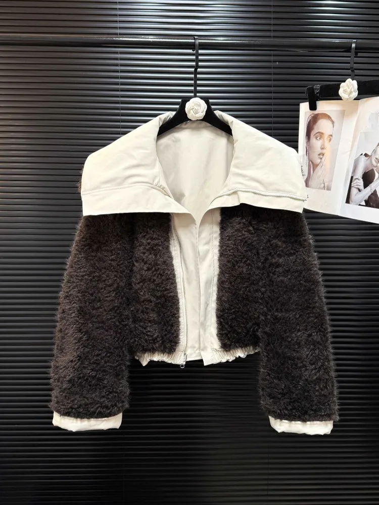 Winter Dikker Warme Vrouwen Dubbelzijdig Wearable Sailor Kraag Jas Rits Wollen Voering Bovenkleding Loose Fit Vrouwelijke Mode Jas