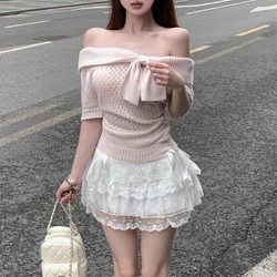 2024 Summer New High Street Strapless Pleated Hollow Sexy Knitted Short-sleeved T-shirt Women + Bow Lace Skirt Two-piece Suit