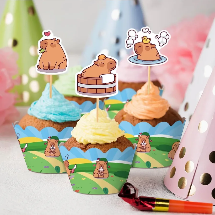 Juego de adornos y revestimientos para tarta de capibara, decoraciones de cumpleaños de capibara, fiesta de cumpleaños para Baby Shower, decoración festiva para fiesta de capivaras