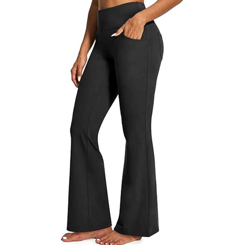 High-Waist Yoga Pants for Women Exercise Bell Bottom Tummy Control Workwear Formal Leggings with 4 Pockets