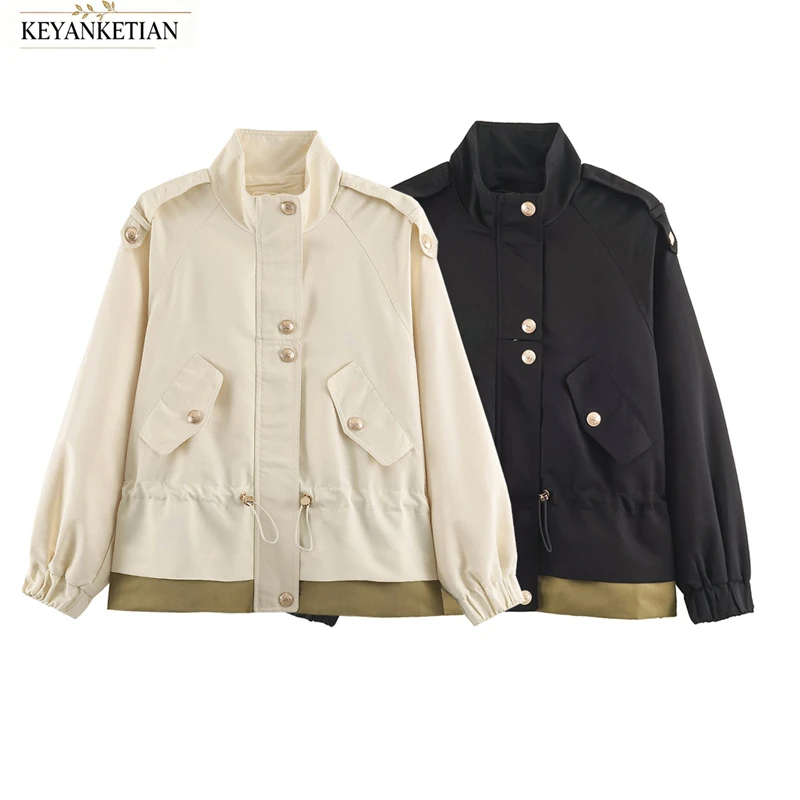 KEYANKETIAN 2026 Autumn Women Stand Collar Cargo Trench Jacket Epaulets Metal Buttons Drawstring Waist Loose Short Outerwear