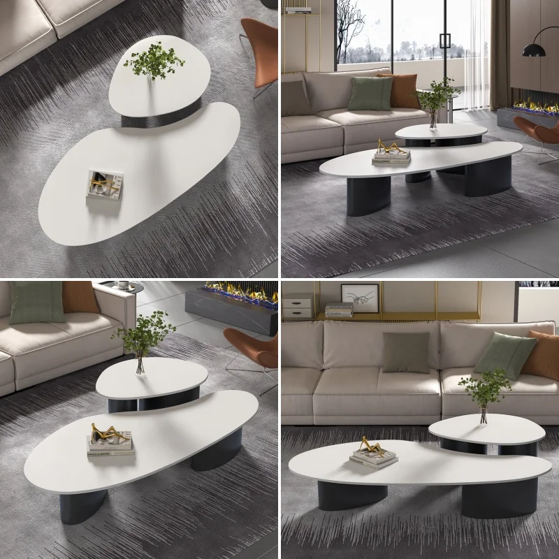 Nowoczesny minimalistyczny stolik kawowy z płytami kamennymi, designerskie meble do małych mieszkań, lekki luksus.